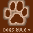 Brown background with four of pixelated dog paw prints, each containing four paws and text reading 'DOGS RULE' below them