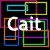 Four identical display the word 'Cait' in white pixelated text over a black background with overlapping neon-colored rectangles