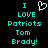 Pixelated cyan text on black background reads 'I LOVE Patriots Tom Brady!' with a white pixel-art heart above the word 'LOVE' in both frames.