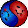 A circular icon with red and blue yin-yang halves, each containing a smiling face with black eyes and red mouth, and a small red dot on the blue side.