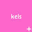 Pink background with repeated 'kels' text and changing symbols above each