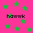 Pink background with green stars and repeated black text 'hawwk' in pixelated font.