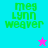 Four quadrant with cyan, purple, pink, and light blue backgrounds displaying green text 'meg lynn weaver' and pixelated star icons in bottom-right corners of top-left and bottom-left quadrants