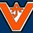 Pixelated orange V-shaped logo with white and blue accents on a blue background, surrounded by blue text on an orange field.