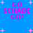 Blue background with pink pixelated text 'GO SCHADE GO!' repeated four times and scattered white star shapes.
