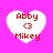 Four identical heart-shaped icons with red text 'Abby <3 Mikey' on a bright pink background, arranged in a