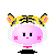 Pixel art character with pink face, tiger-striped hood, and four distinct facial expressions across four