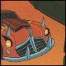 Red and blue cartoon car with glowing headlights on an orange background, featuring a stylized grille and visible front bumper.