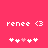 Pixelated pink background with white text 'reneee <3' and five heart symbols, where the third heart is pink and the rest are white.