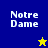 A split-screen graphic with 'Notre Dame' text and star symbols on blue, yellow, and olive backgrounds.