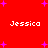 Red background with purple star shapes and four instances of the name "Jessica" in white pixelated text arranged in a
