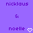 Purple background with pixelated text 'nicklaus' at top, '&' in middle, and 'noelle' below each '&', both followed by white heart symbols.