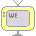 Pixelated yellow-framed TV icons display sequential text fragments forming 'WELCOME' , with some screens empty