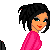 Pixel art of a woman with dark braided hair in pink top and black pants, seated at desk with computer, text 'i love my comp-uter' visible.