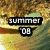 A pixelated image with a beach scene background, featuring text reading 'summer' and '08', and scattered footprints on sand.