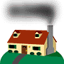 Pixelated house with red roof, brown door, green windows on grassy hill under gray smokestack emitting dark smoke.