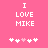 Pink background with white pixelated text "I LOVE MIKE" and five heart symbols below, where the third heart is pink instead of white.
