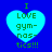 Four identical heart-shaped icons with green text reading "I LOVE gymnastics!!!" on a blue background, two with solid hearts and two with pixelated hearts.
