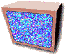 Four identical pixelated blue and purple television screens with brown frames arranged in a on gray background