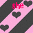 Pixelated icon with pink and black diagonal stripes, dark gray hearts scattered across the background, and red text reading "she likes me" in a playful font.