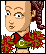 Pixelated avatar with brown braided hair, green shirt featuring white 'C', red and green pom-pom-like accessory, neutral expression.