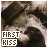 Animated sequence of a person in a dark hat and light fur coat kissing another figure, with 'FIRST KISS' text in the corner.