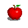 Red pixelated apple with brown stem and green leaves, showing varying light reflections