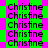 Green and pink pixelated background with repeated 'Christine' text in black, arranged in a pattern with alternating color blocks