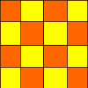 colored squares with orange, yellow, blue, cyan, and purple sections, featuring two distinct orange-yellow patterned areas at top and bottom