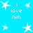 Static blue background with white star shapes and repeated text "i love him" in pixelated font.