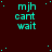 Dark red background with cyan text reading "mjh cart wait" repeated in a pattern, scattered cyan dots, and a solid gray rectangle in the bottom-right corner