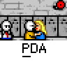 Animated contact sheet of a pixel art buddy icon showing two characters kissing in front of a brick wall with red circular elements, repeated across multiple frames.