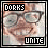 Pixelated image of a person with glasses and a wide smile, text 'DORKS' at top left and 'UNITE' at bottom right in blocky font.
