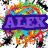 Pixelated icon with purple banner displaying 'ALEX' over colorful abstract background of red, orange, yellow, green, blue, and black pixels.