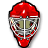 A pixelated red and silver helmet with a white vertical stripe, featuring two green rectangular eye openings and visible internal wiring details.