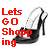 Red pixelated text reads 'Lets Go Shopping' next to a black high-heeled shoe on a light background.
