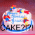 Animated sequence of a decorated cake with blue text and red/yellow accents, showing changing overlaid words across frames.
