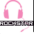 Pixelated pink headphones with a white background, featuring animated cursor icons and repeating 'ROCKSTAR' text in black and pink.