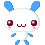 Pixelated character with white body, blue limbs and ears, pink cheeks, dark red eyes or closed mouth expressions across frames.