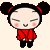 Pixelated character with black twin buns and red headbands wears red jacket and black pants, standing with hands clasped in front of light beige background.