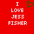Red background with white text reading "I LOVE JESS FISHER" and a green pixelated heart symbol above the word I.