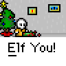 Animated contact sheet showing 25 frames of a pixel art buddy icon featuring an elf character interacting with a Christmas tree and small green figure, with text bubbles changing across frames.