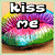Pixelated lips with rainbow colors and 'kiss me' text in black-and-white block letters, displayed across six positions