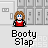 Animated pixel art sequence showing two characters in a school hallway with lockers, performing a slap motion with text "Booty Slap" below.