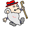 Pixelated cartoon character with red hat, white beard, and cane in five sequential poses showing arm and leg movement.
