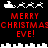 Pixelated holiday-themed animation with red text and white reindeer sleighs on black background, cycling through two distinct states.
