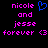 Pixelated text and symbols on black background: 'nicole' in pink, blue heart symbol, 'and', 'jesse', 'forever <3' repeated.