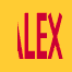 Yellow background with red and orange geometric shapes forming 'ALEX' text in multiple styles across a