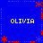 Blue background with red dotted border and star motifs, four instances of white text "OLIVIA" at corners and center.