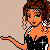 Pixelated character in black dress with white straps and silver accents, holding pink hearts or a glowing object against beige background.